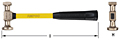 Horizontal image of a sheet metal hammer with a yellow fiberglass handle labeled "AMPCO." The hammer features bronze double heads and a black grip. Side and end views are shown, with the end view highlighting the hammer's rectangular head cross-section.